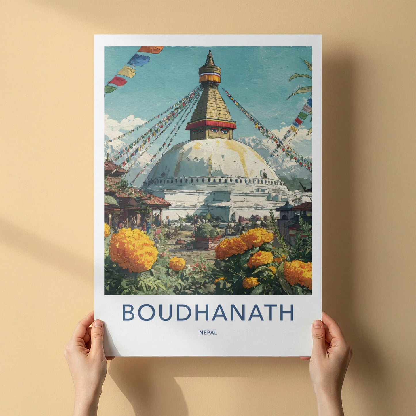 Boudhanath Poster - Nepal Framed Art - Buddhist Stupa Marigold Home Decor