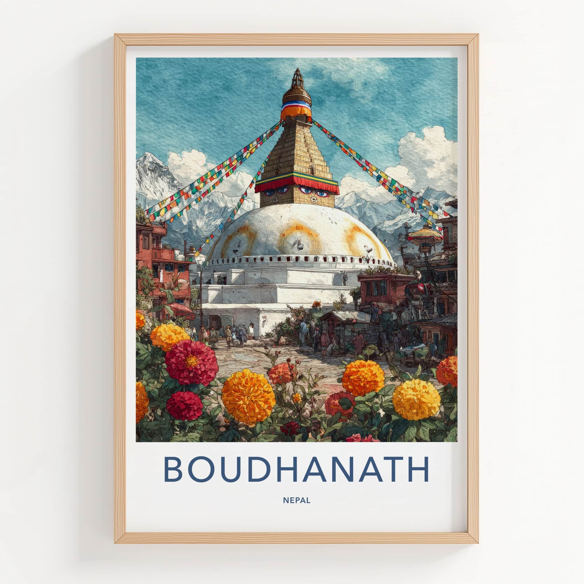 Boudhanath Poster - Nepal Framed Art - Prayer Flags Stupa Home Art