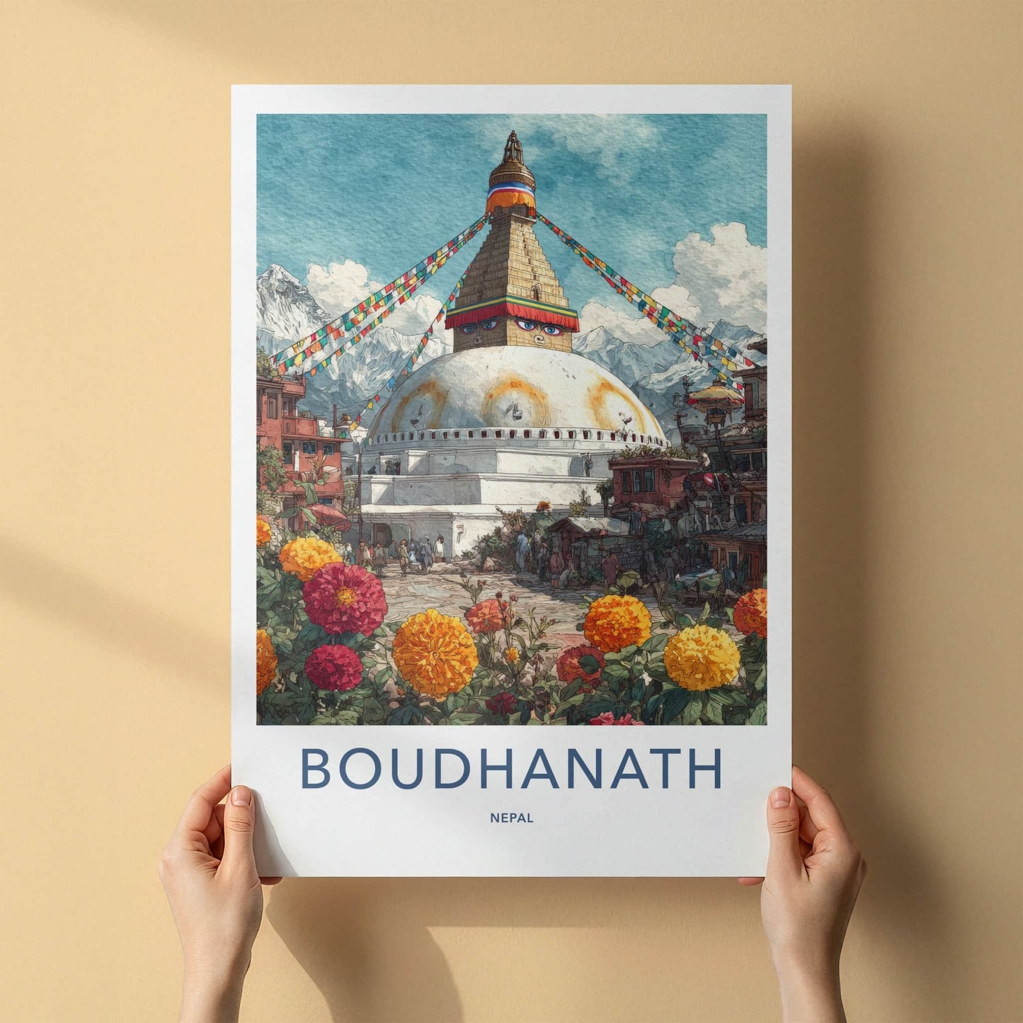 Boudhanath Poster - Nepal Framed Art - Prayer Flags Stupa Home Art