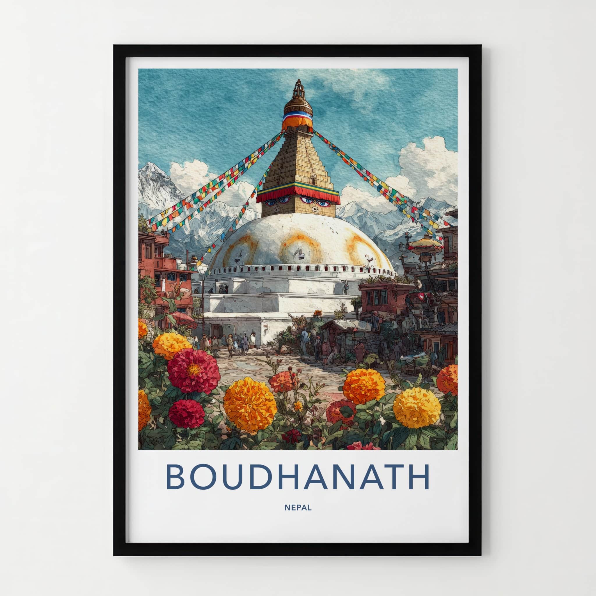 Boudhanath Poster - Nepal Framed Art - Prayer Flags Stupa Home Art