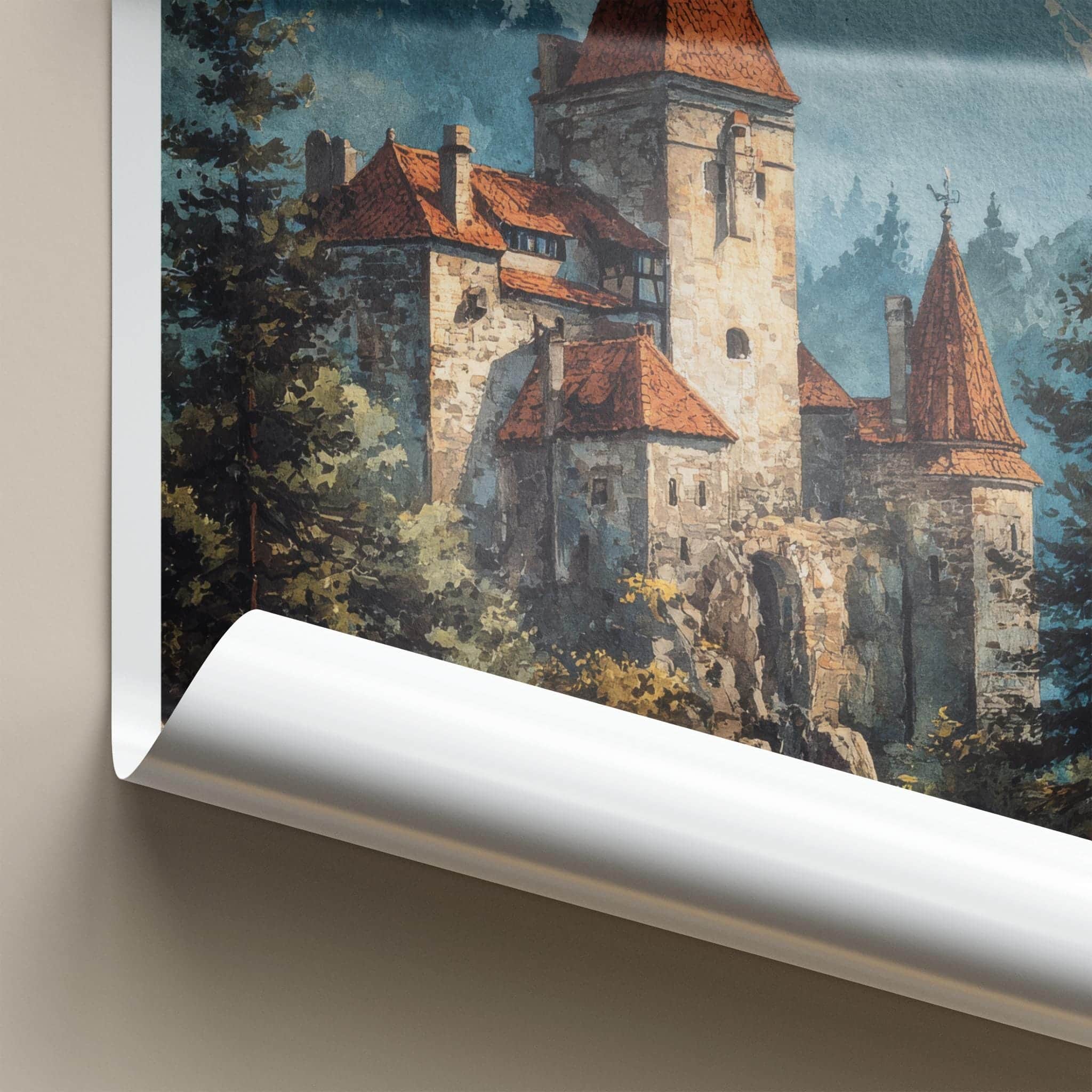 Bran Castle Poster - Romania Scenic Art - Misty Mountain Fortress Wall Decor