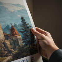 Bran Castle Poster - Romania Scenic Art - Misty Mountain Fortress Wall Decor
