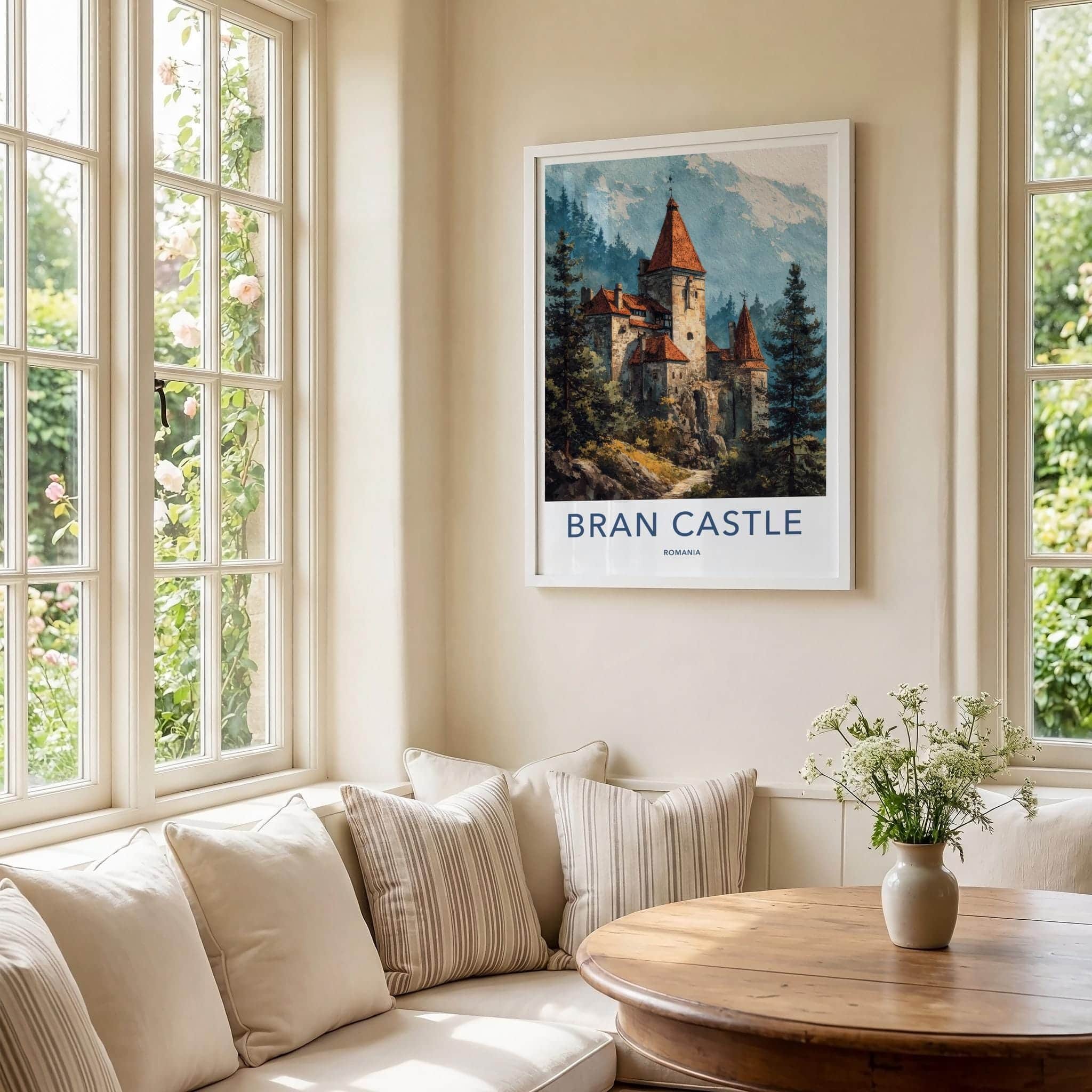 Bran Castle Poster - Romania Scenic Art - Misty Mountain Fortress Wall Decor