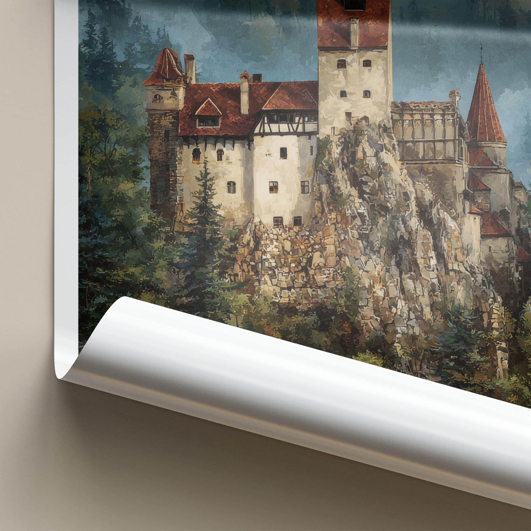 Bran Castle Poster - Romania Travel Art - Dramatic Cliffside Fortress Home Decor