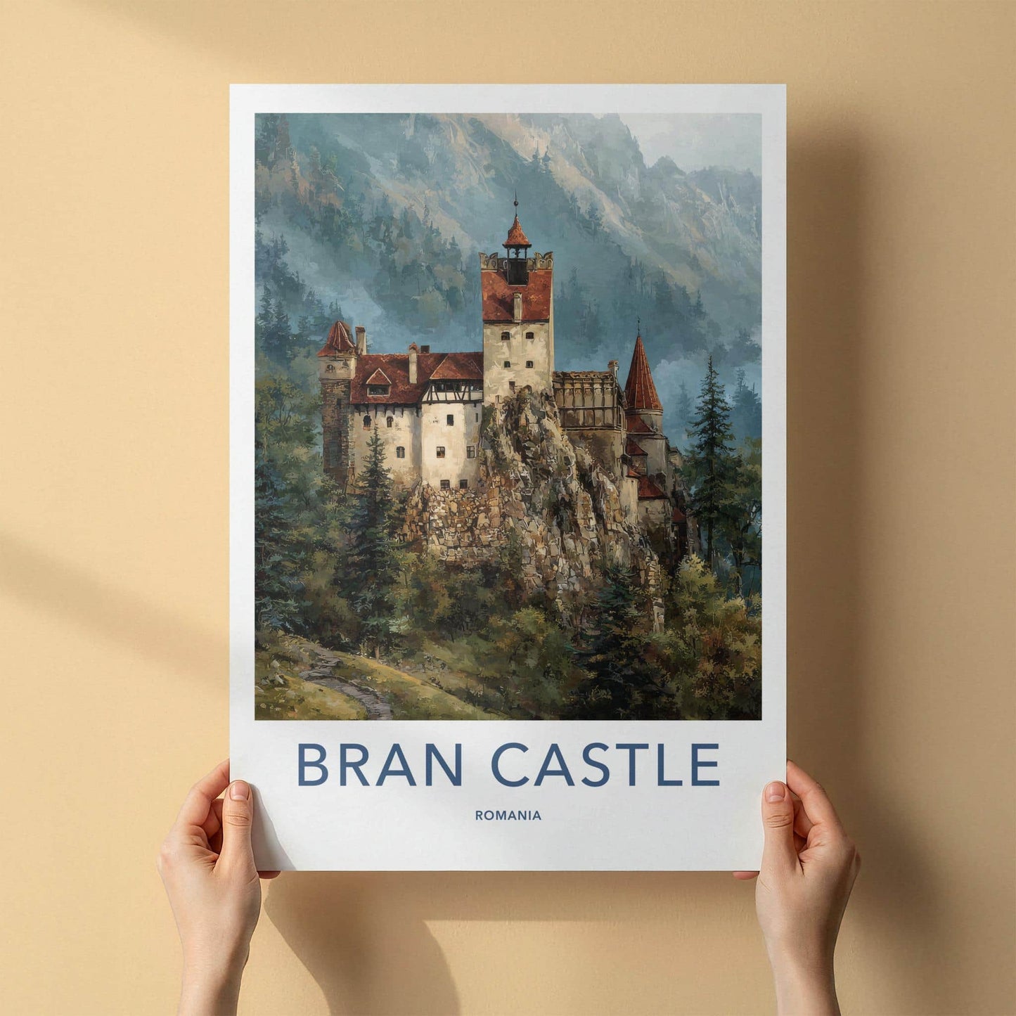 Bran Castle Poster - Romania Travel Art - Dramatic Cliffside Fortress Home Decor