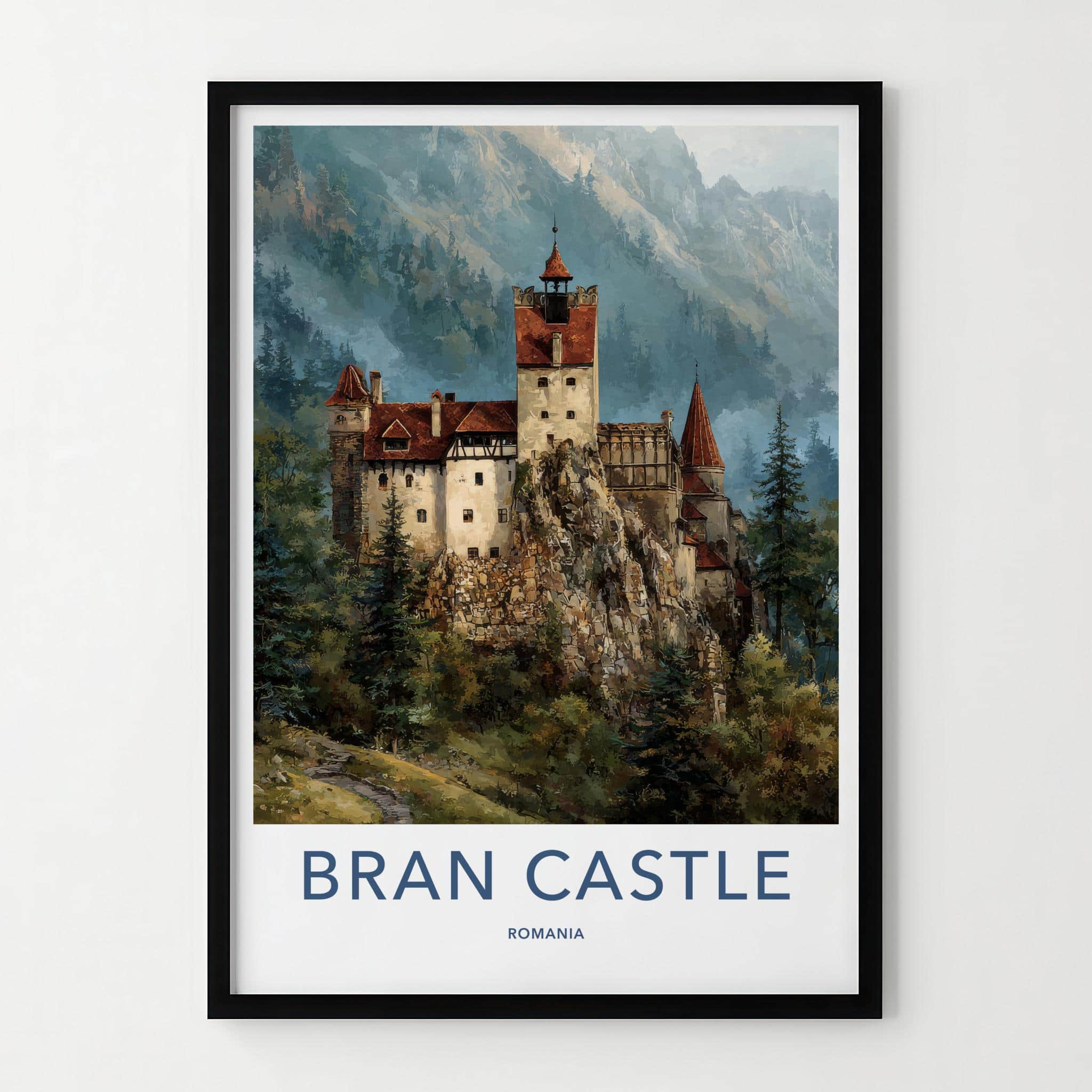Bran Castle Poster - Romania Travel Art - Dramatic Cliffside Fortress Home Decor