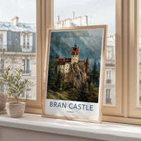 Bran Castle Poster - Romania Travel Art - Dramatic Cliffside Fortress Home Decor