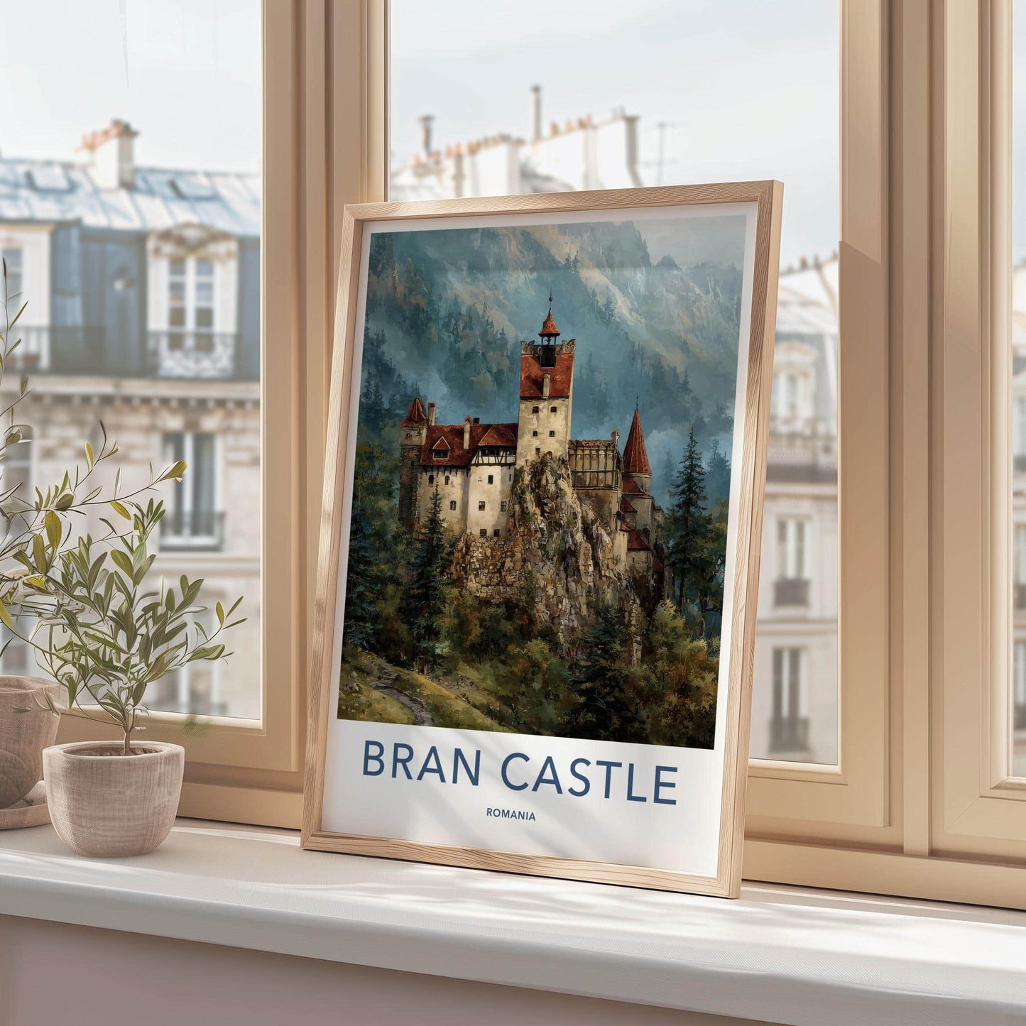 Bran Castle Poster - Romania Travel Art - Dramatic Cliffside Fortress Home Decor