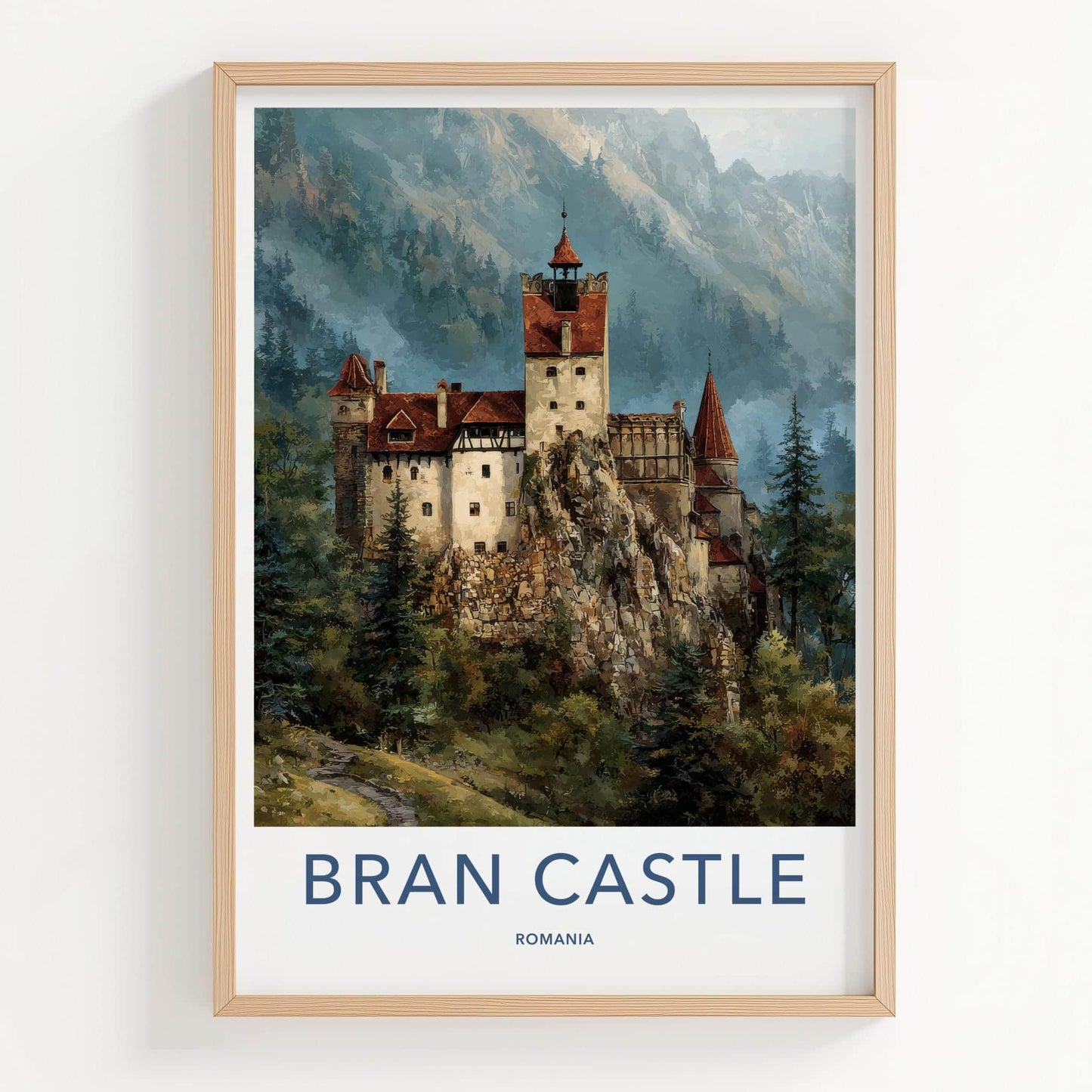 Bran Castle Poster - Romania Travel Art - Dramatic Cliffside Fortress Home Decor