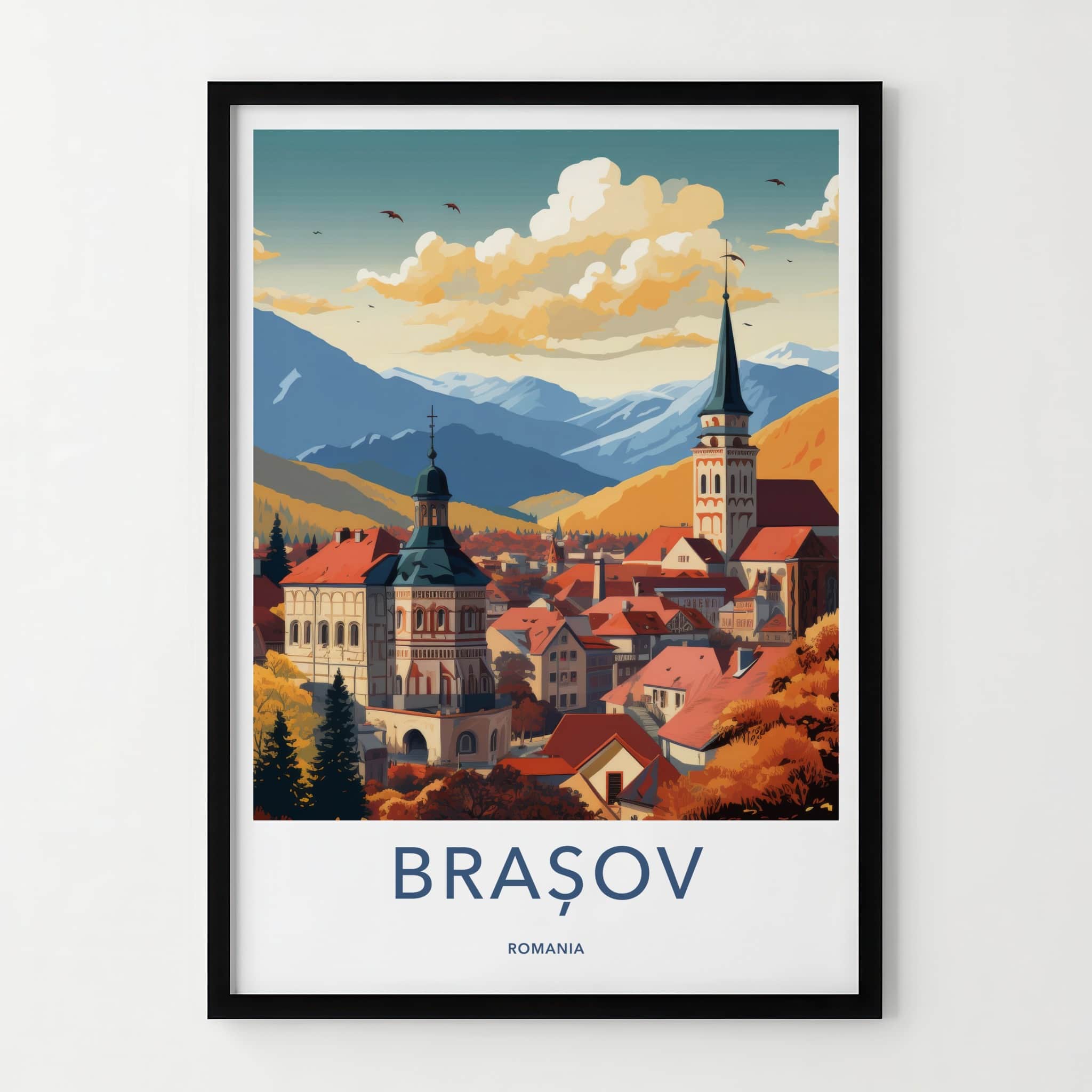 Brasov Poster - Romania Travel Art - Autumn City Spire Home Decor