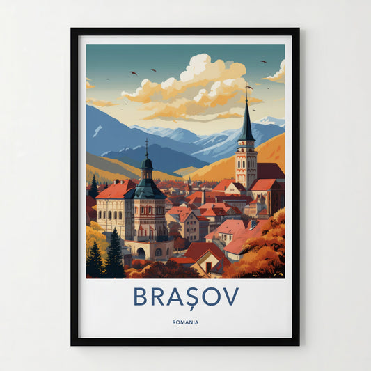 Brasov Poster - Romania Travel Art - Autumn City Spire Home Decor