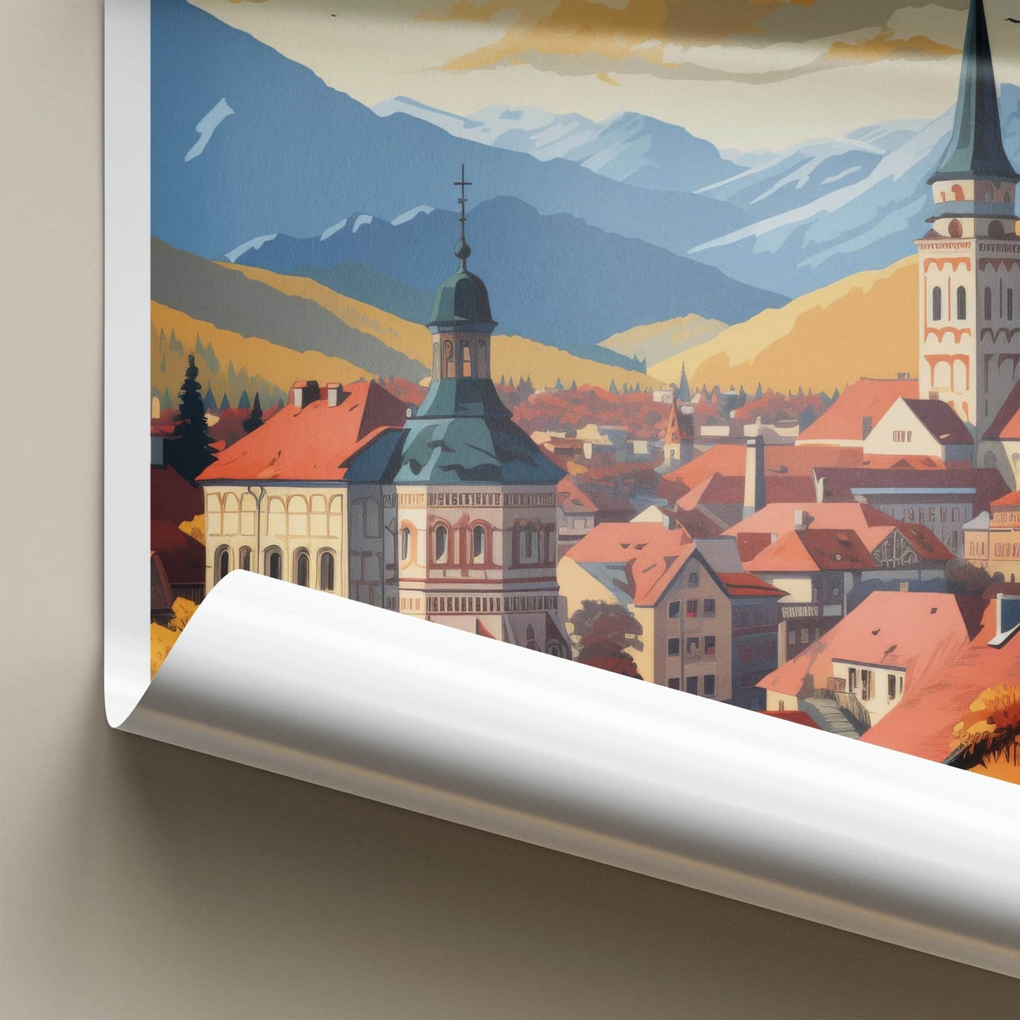 Brasov Poster - Romania Travel Art - Autumn City Spire Home Decor