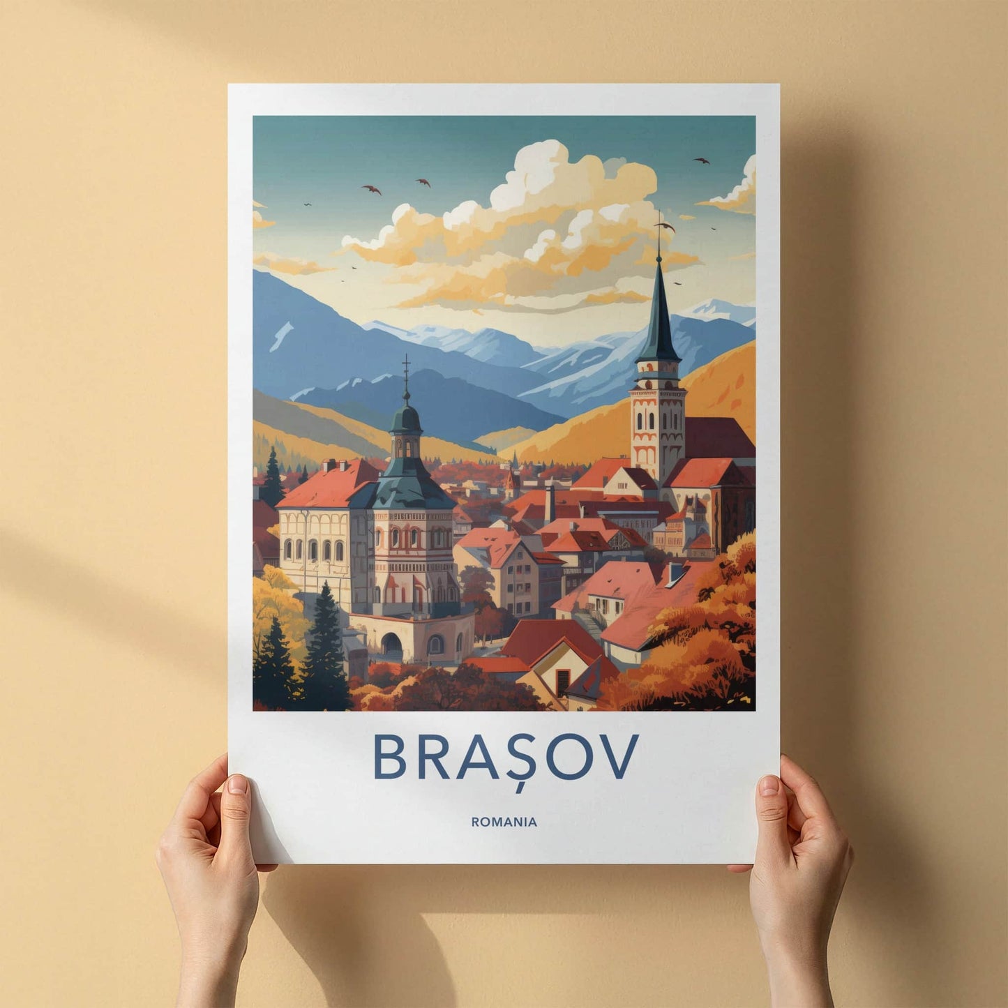 Brasov Poster - Romania Travel Art - Autumn City Spire Home Decor