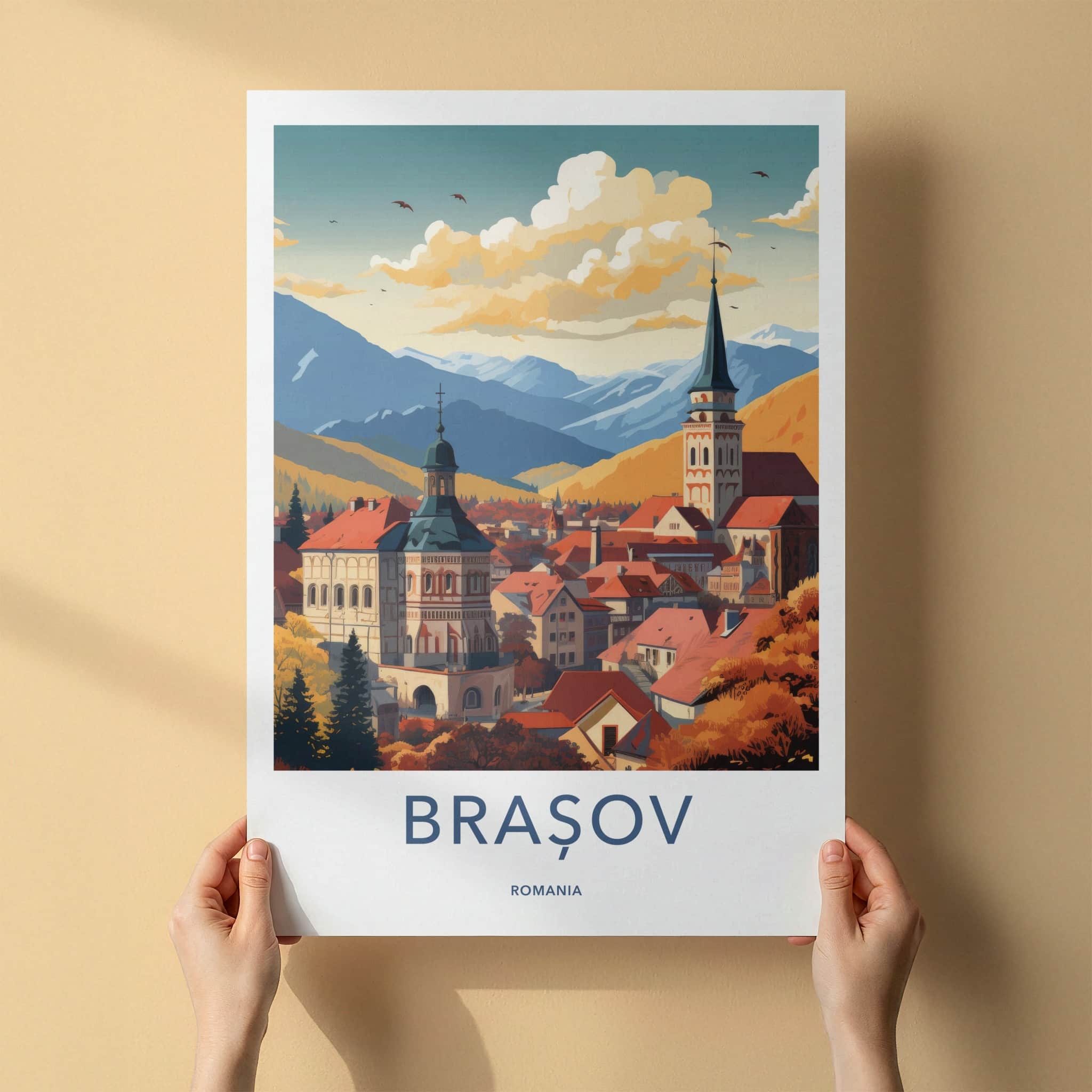 Brasov Poster - Romania Travel Art - Autumn City Spire Home Decor