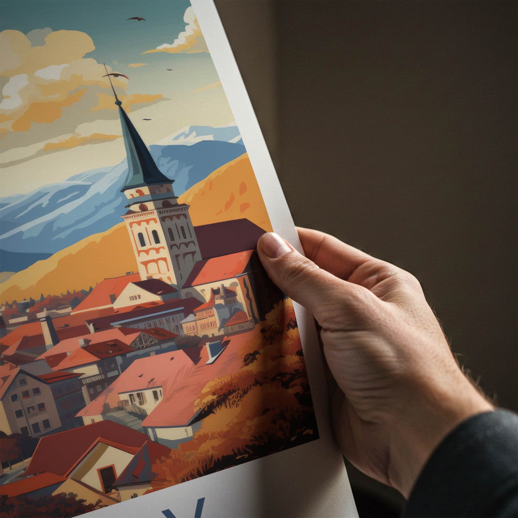 Brasov Poster - Romania Travel Art - Autumn City Spire Home Decor