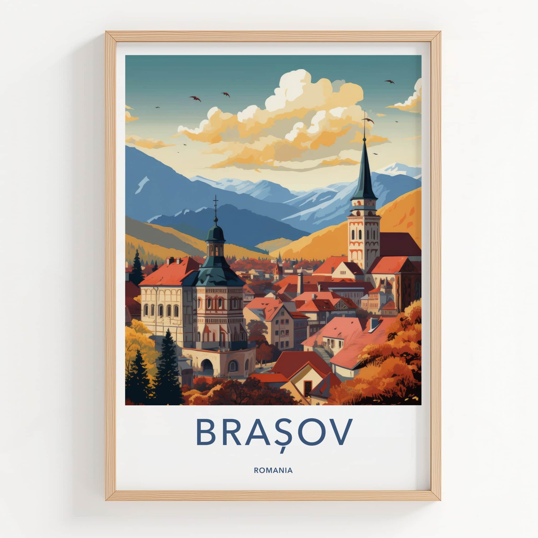 Brasov Poster - Romania Travel Art - Autumn City Spire Home Decor