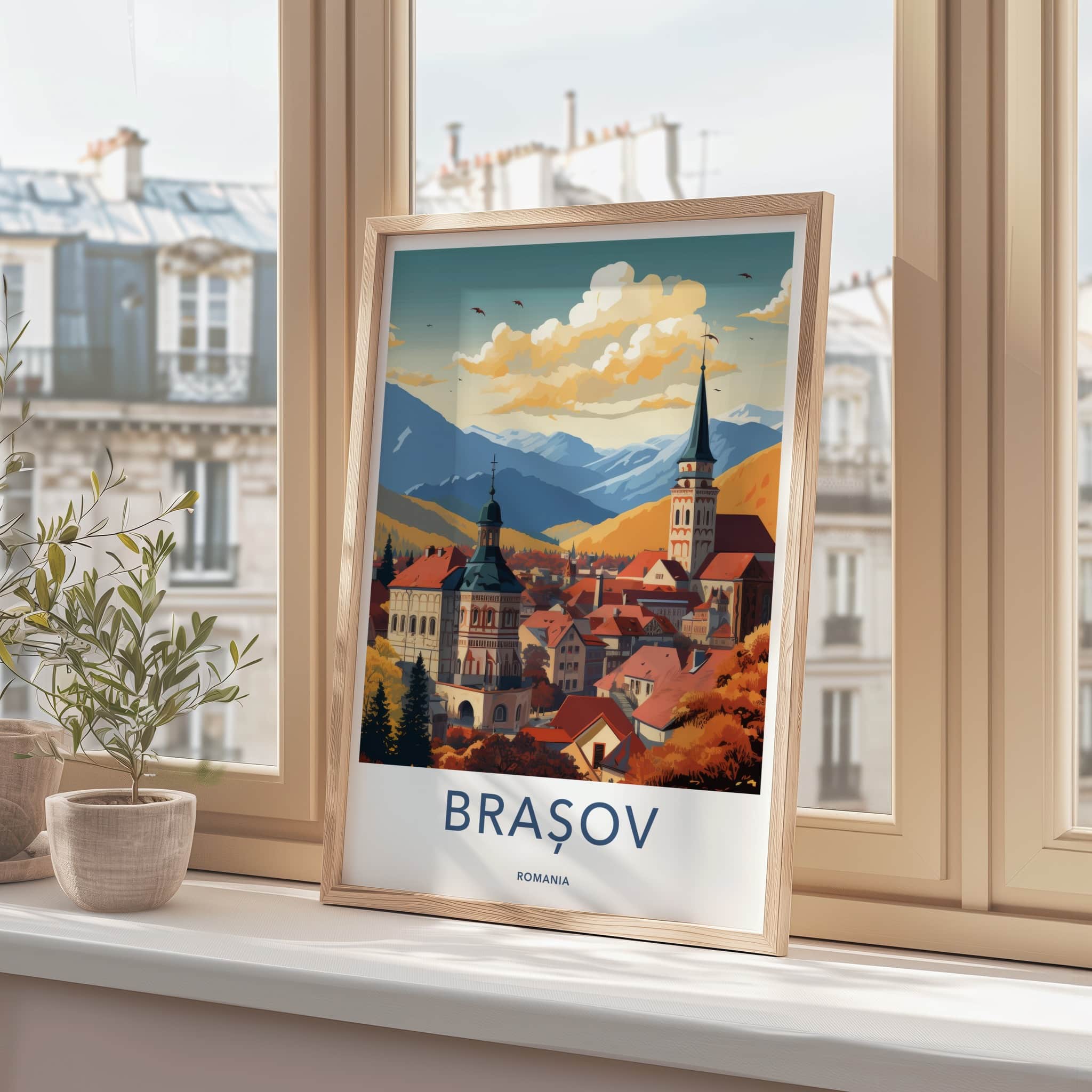 Brasov Poster - Romania Travel Art - Autumn City Spire Home Decor