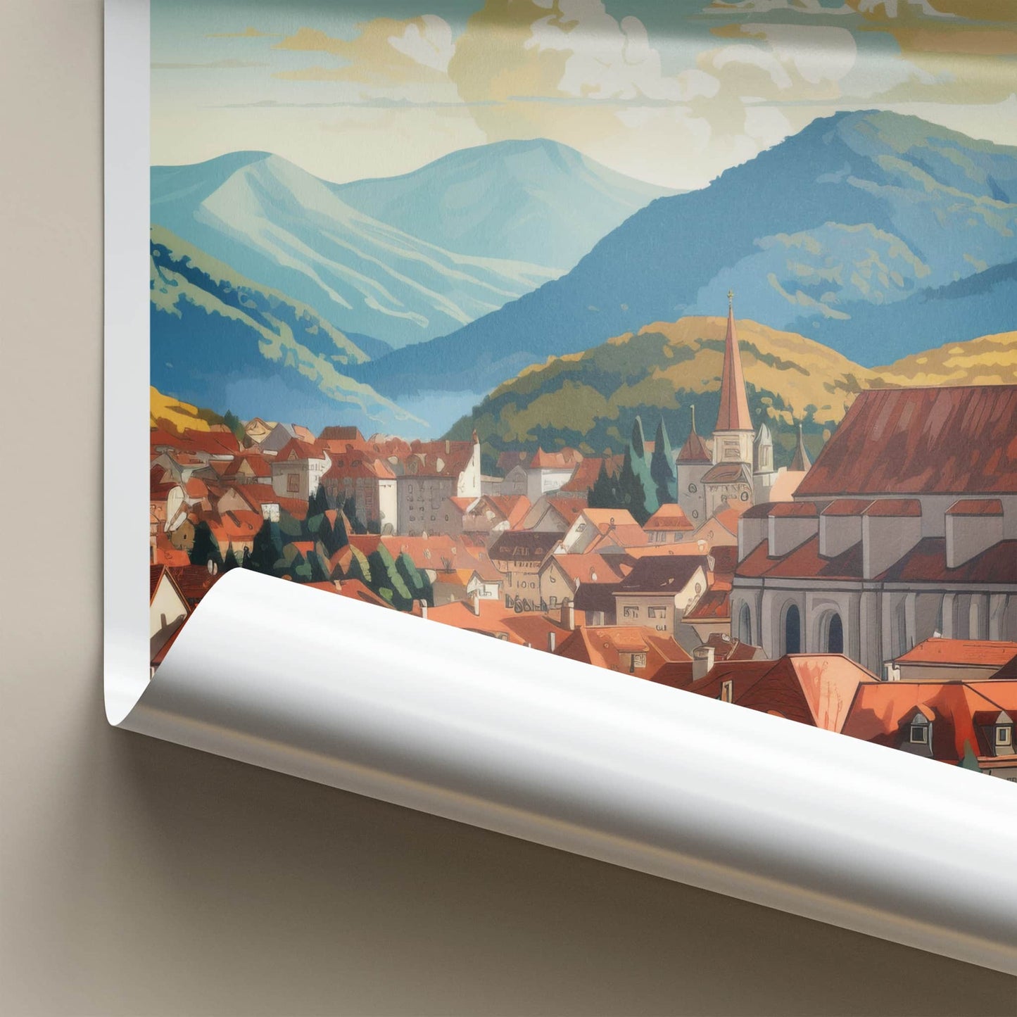 Brasov Poster - Romania Travel Art - Vibrant Rooftops Mountains Home Decor