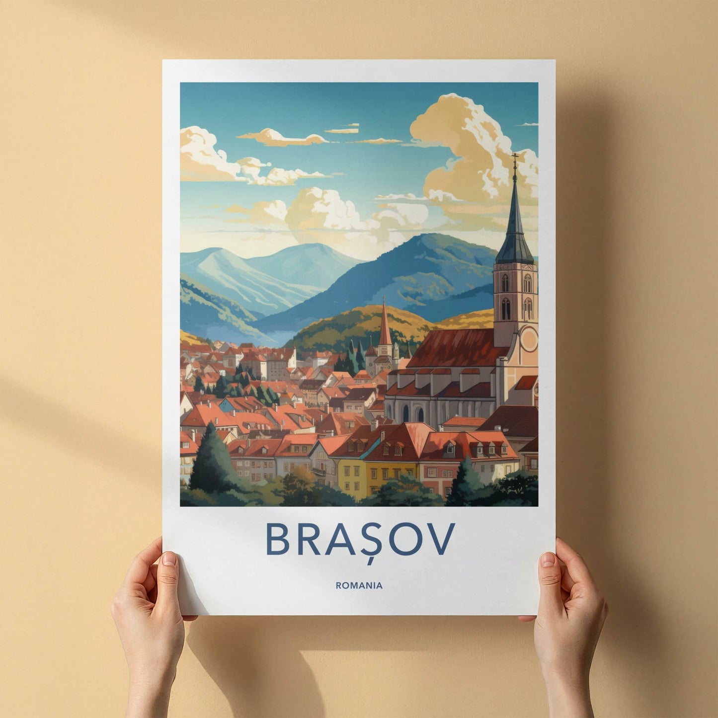 Brasov Poster - Romania Travel Art - Vibrant Rooftops Mountains Home Decor
