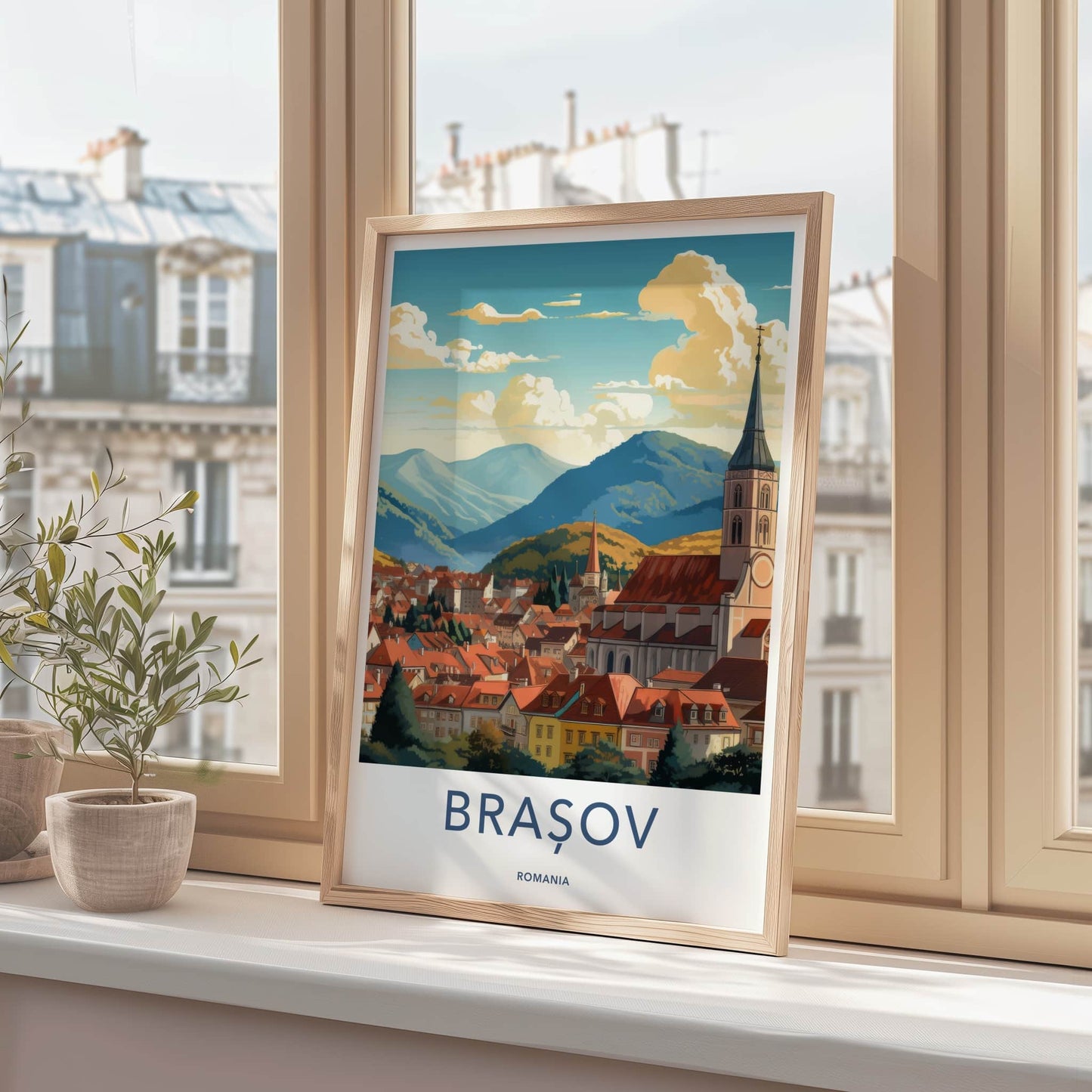 Brasov Poster - Romania Travel Art - Vibrant Rooftops Mountains Home Decor