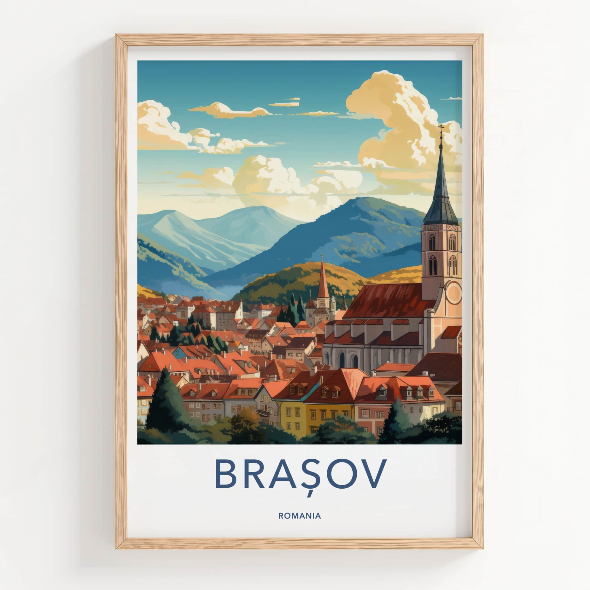 Brasov Poster - Romania Travel Art - Vibrant Rooftops Mountains Home Decor