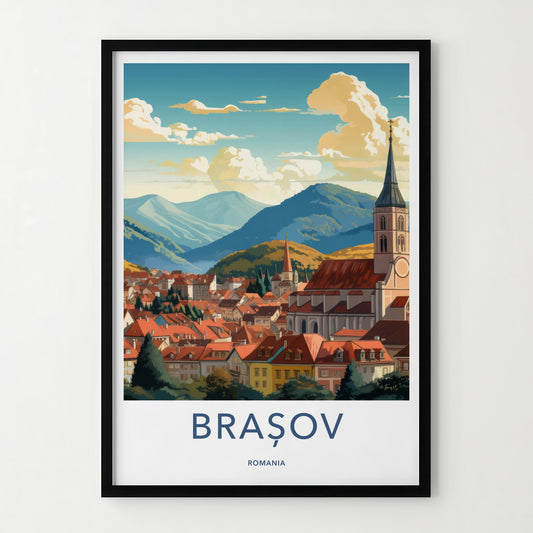 Brasov Poster - Romania Travel Art - Vibrant Rooftops Mountains Home Decor