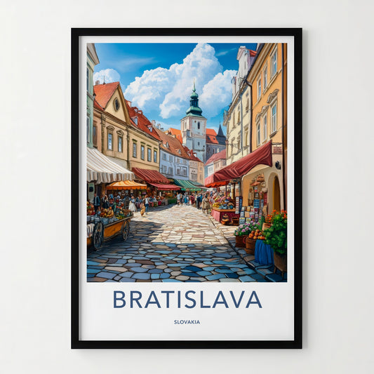 Bratislava Poster - Slovakia Travel Art - Cobblestone Market Street Home Decor