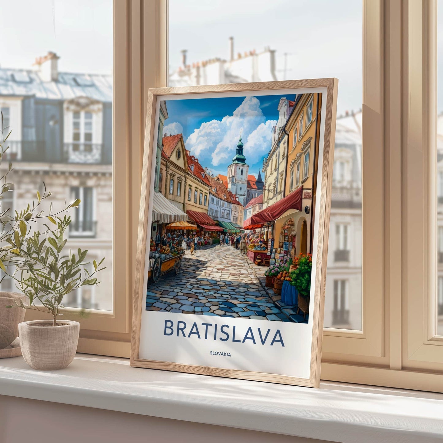 Bratislava Poster - Slovakia Travel Art - Cobblestone Market Street Home Decor