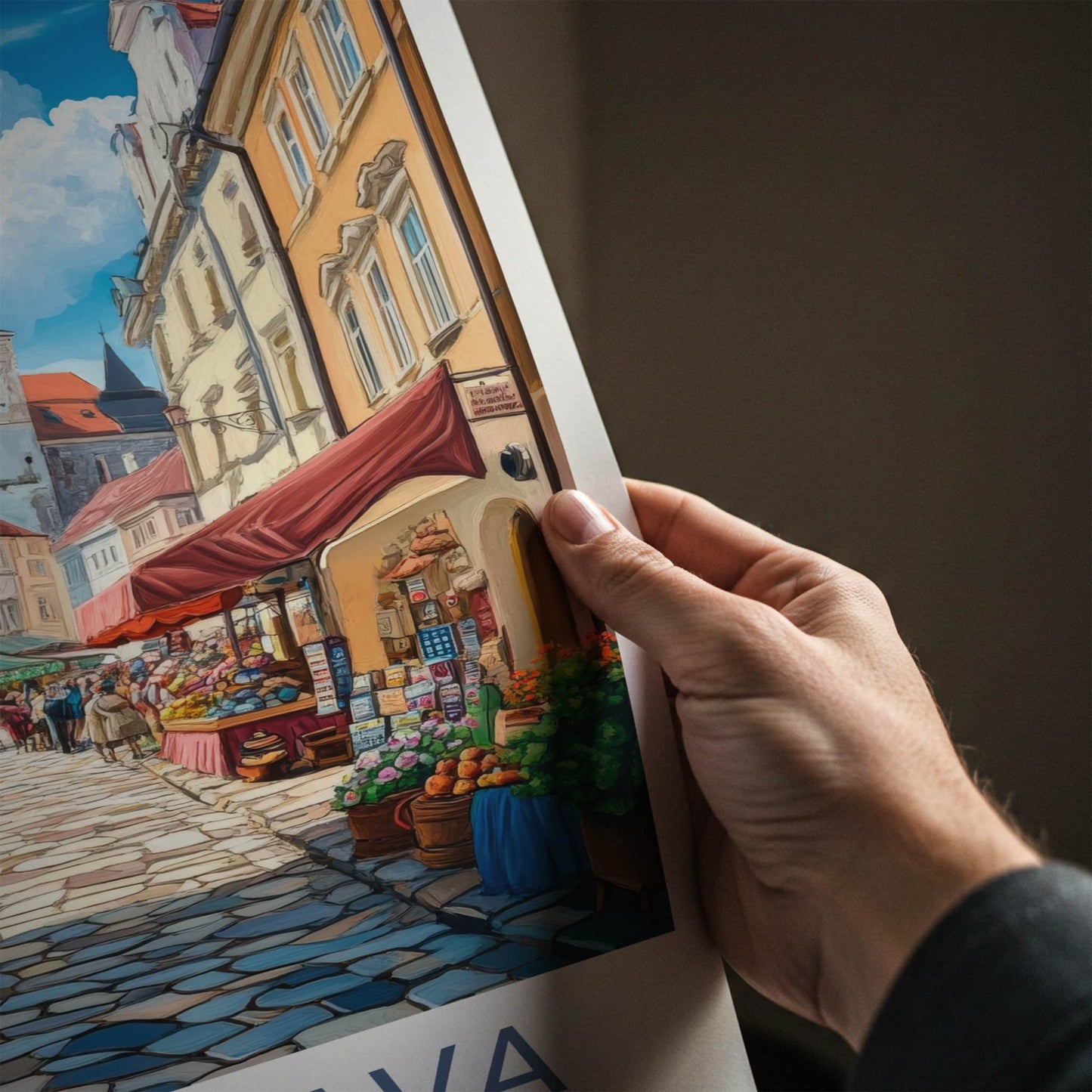 Bratislava Poster - Slovakia Travel Art - Cobblestone Market Street Home Decor