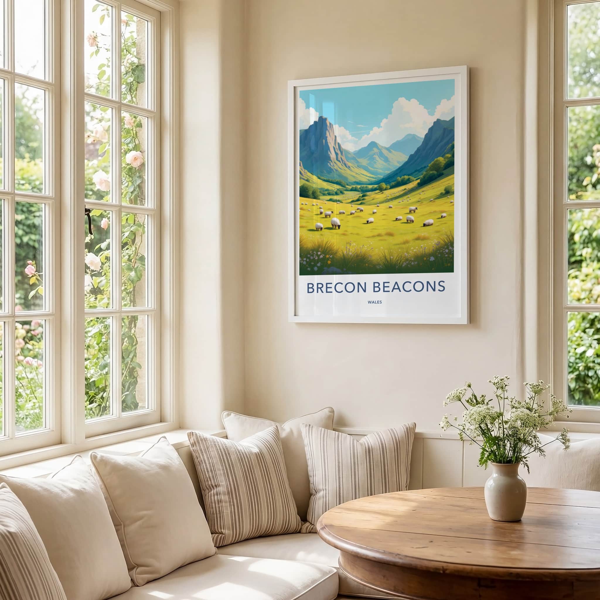 Brecon Beacons Poster - Wales Travel Art - Green Valley Sheep Home Decor