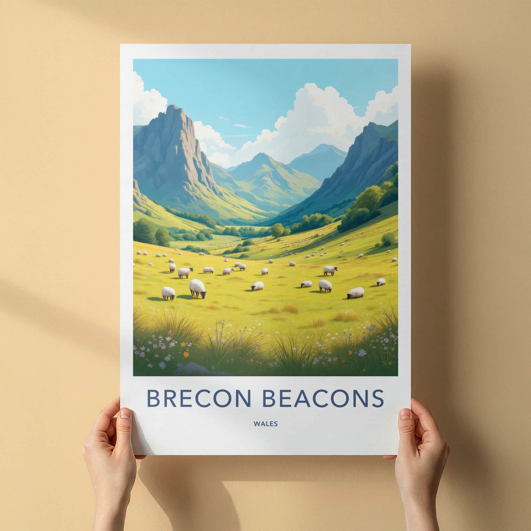 Brecon Beacons Poster - Wales Travel Art - Green Valley Sheep Home Decor