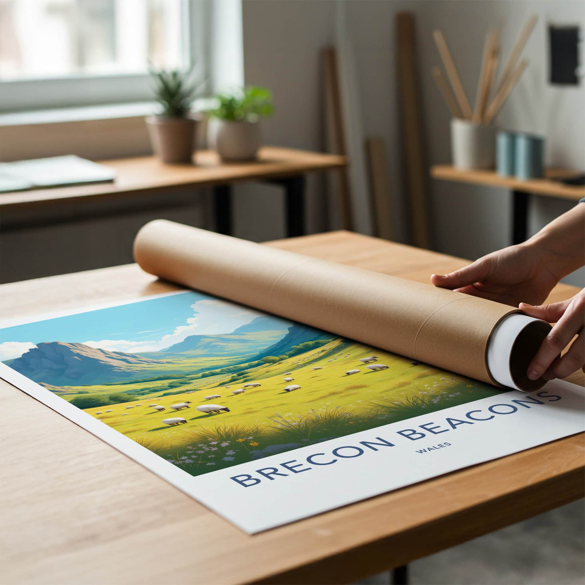 Brecon Beacons Poster - Wales Travel Art - Green Valley Sheep Home Decor