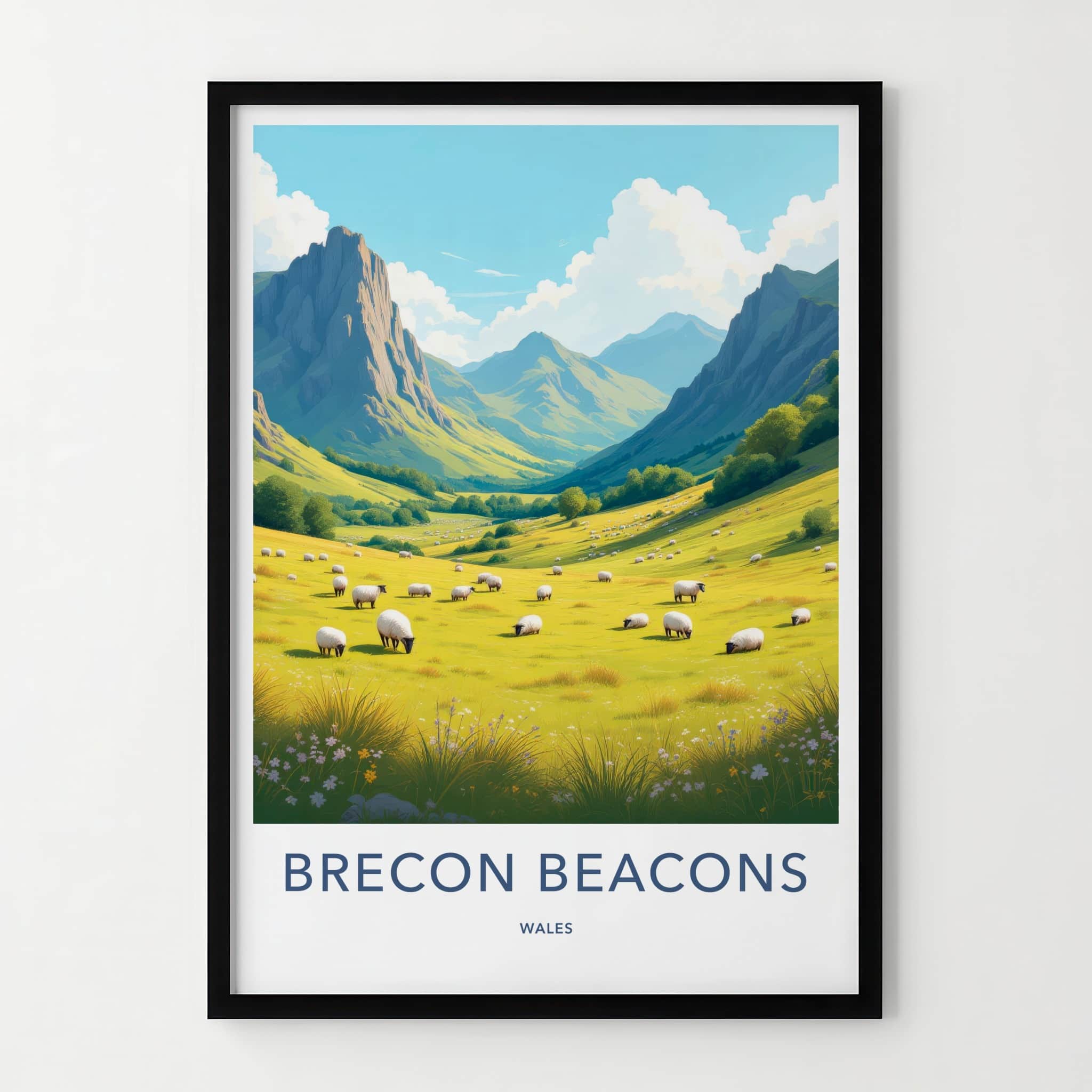 Brecon Beacons Poster - Wales Travel Art - Green Valley Sheep Home Decor