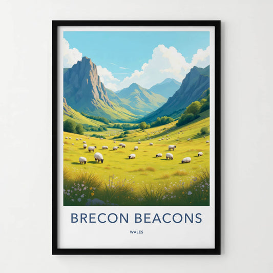 Brecon Beacons Poster - Wales Travel Art - Green Valley Sheep Home Decor