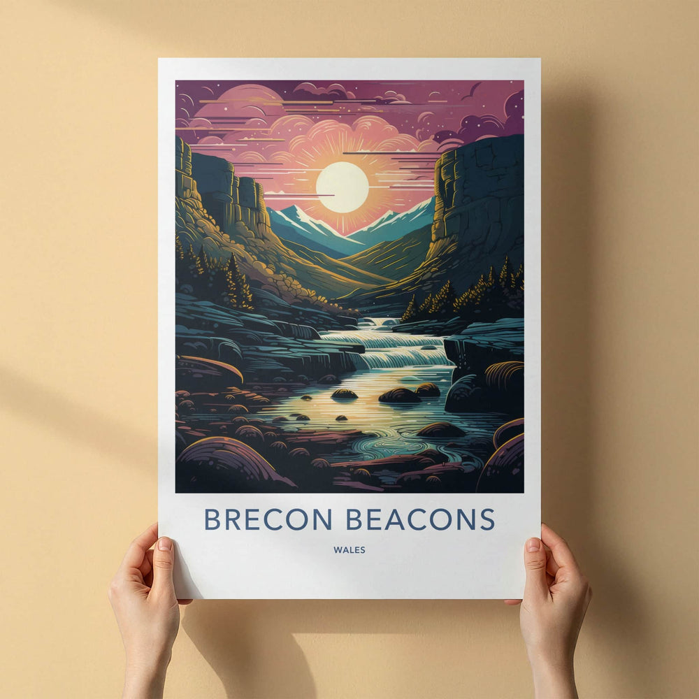 Brecon Beacons Poster - Wales Travel Art - Vibrant Mountain Waterfall Home Decor