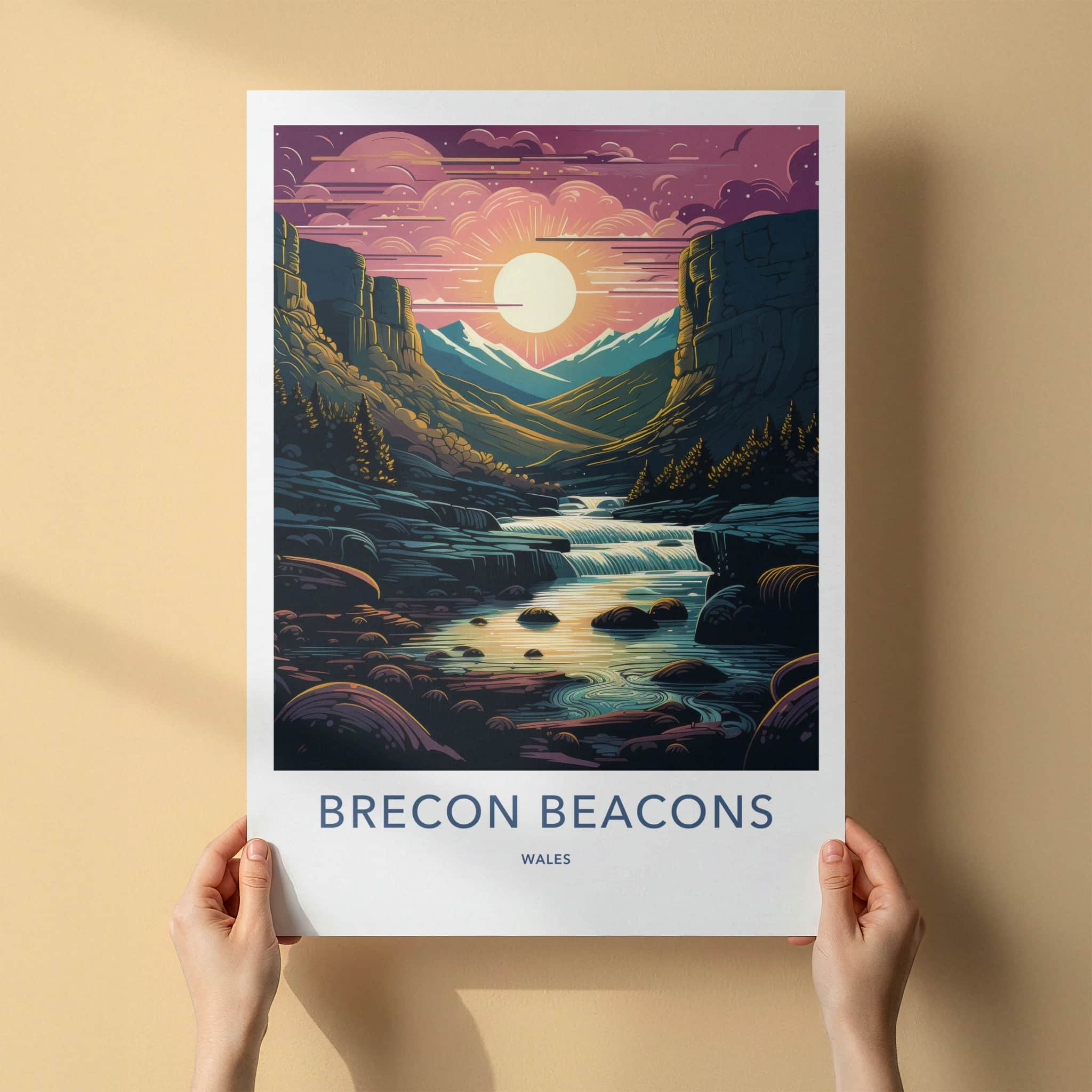 Brecon Beacons Poster - Wales Travel Art - Vibrant Mountain Waterfall Home Decor