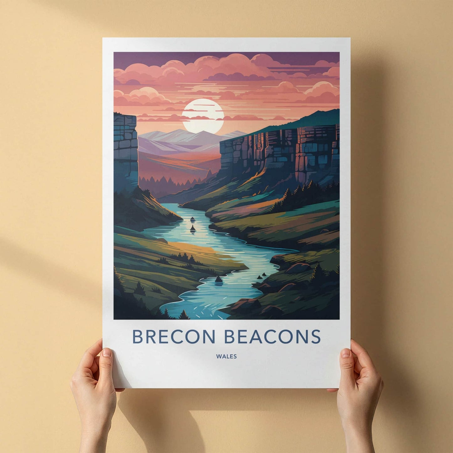 Brecon Beacons Poster - Wales Travel Print - River Canyon Sunset Home Decor