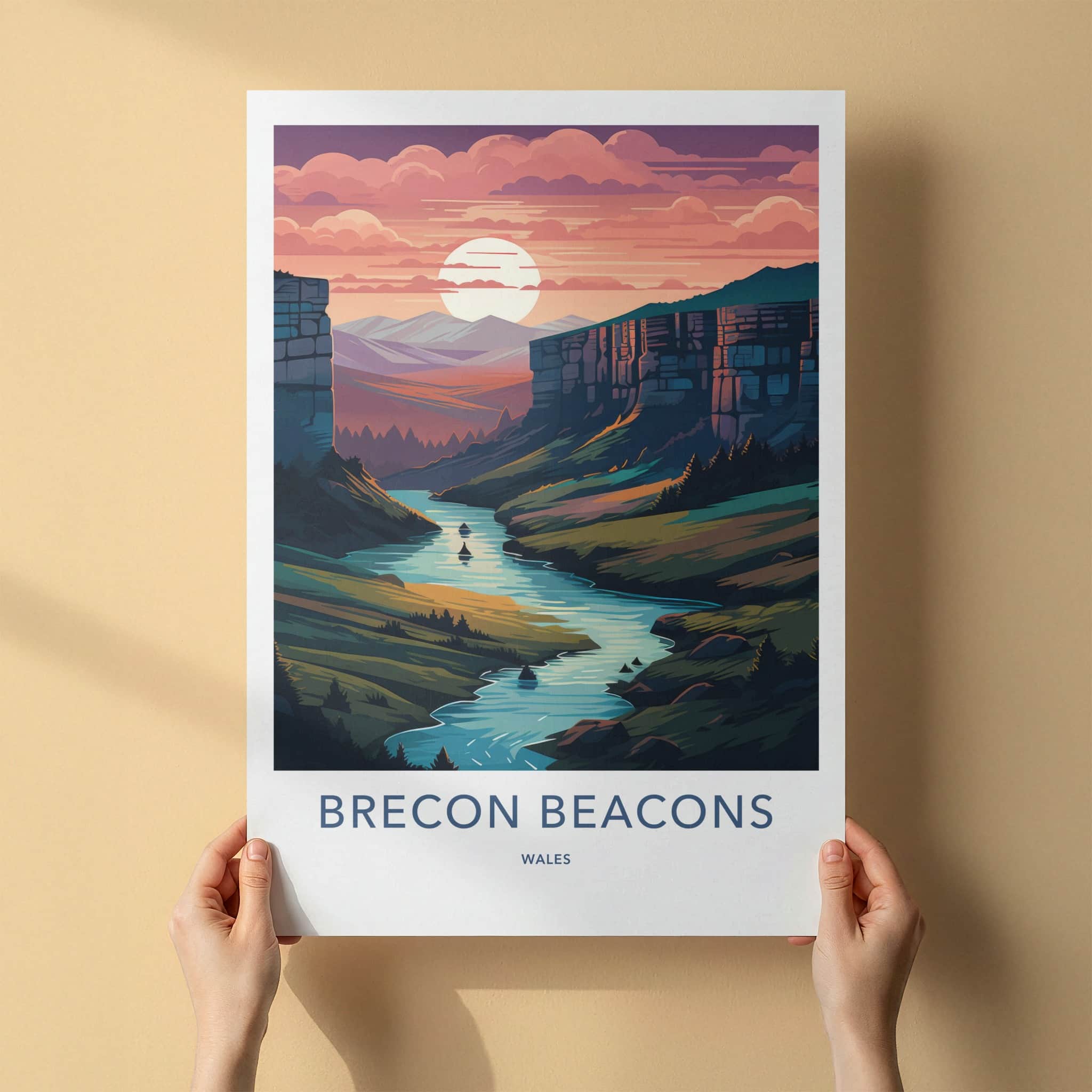 Brecon Beacons Poster - Wales Travel Print - River Canyon Sunset Home Decor