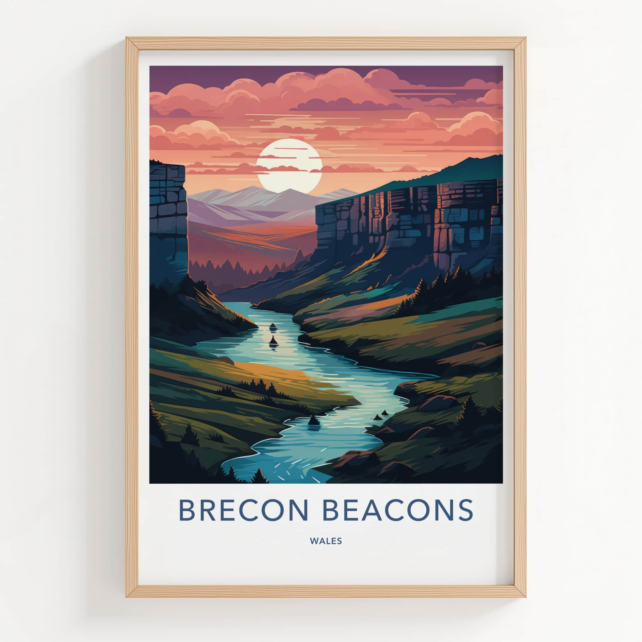 Brecon Beacons Poster - Wales Travel Print - River Canyon Sunset Home Decor