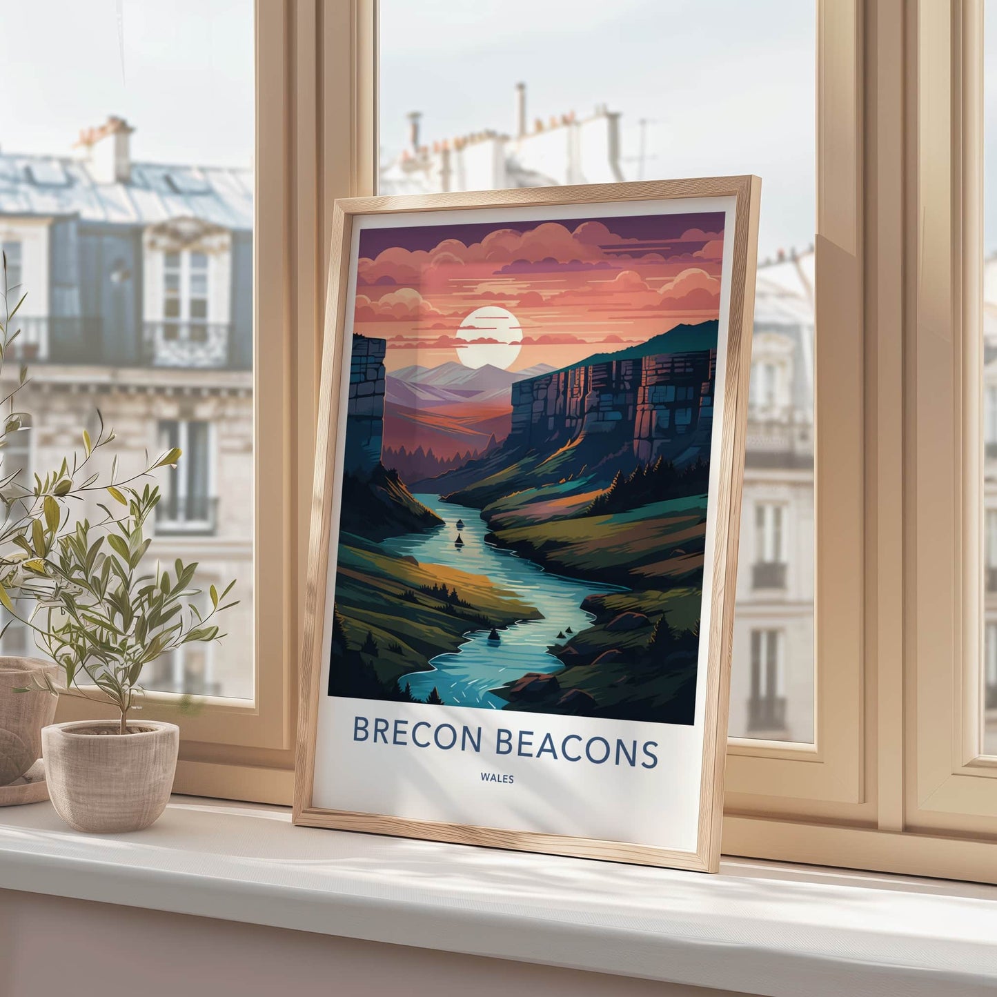 Brecon Beacons Poster - Wales Travel Print - River Canyon Sunset Home Decor