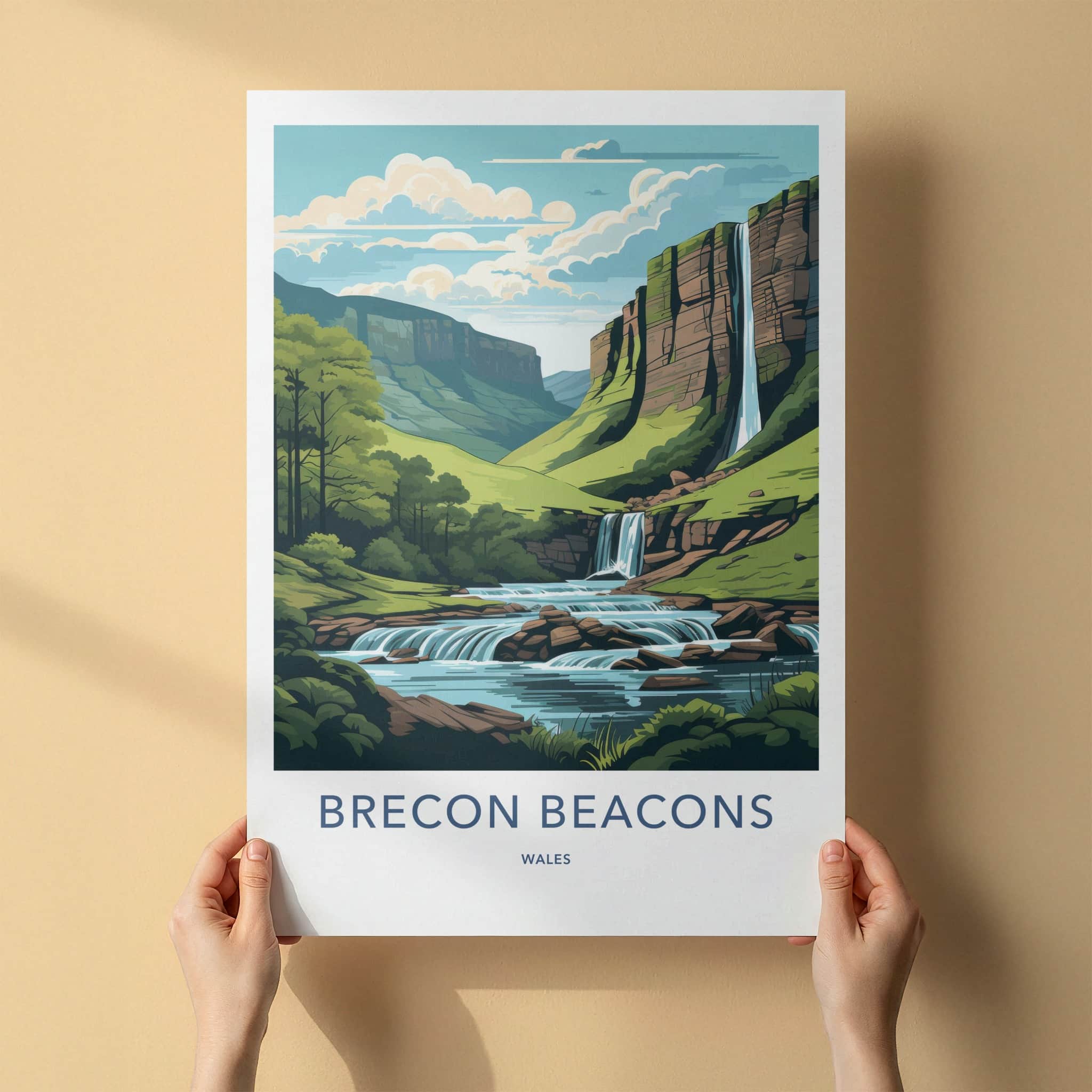 Brecon Beacons Poster - Wales Wall Art - Cliff Waterfall Cascades Home Decor