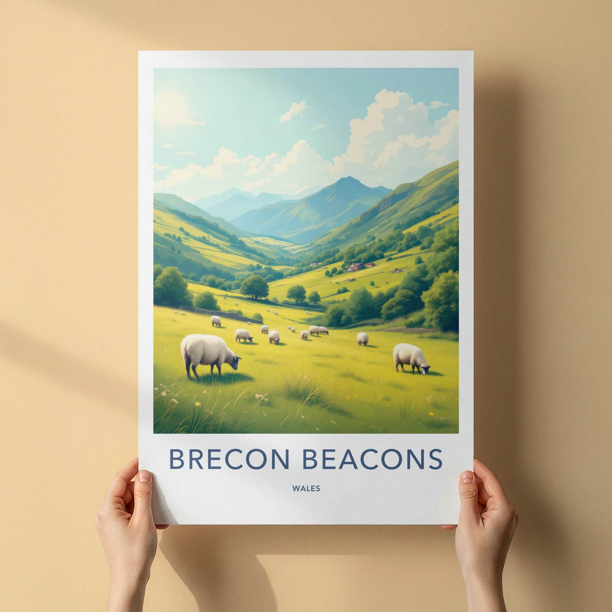 Brecon Beacons Poster - Wales Wall Art - Green Valley Sheep Home Decor