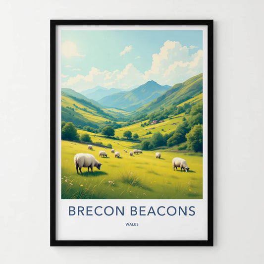 Brecon Beacons Poster - Wales Wall Art - Green Valley Sheep Home Decor