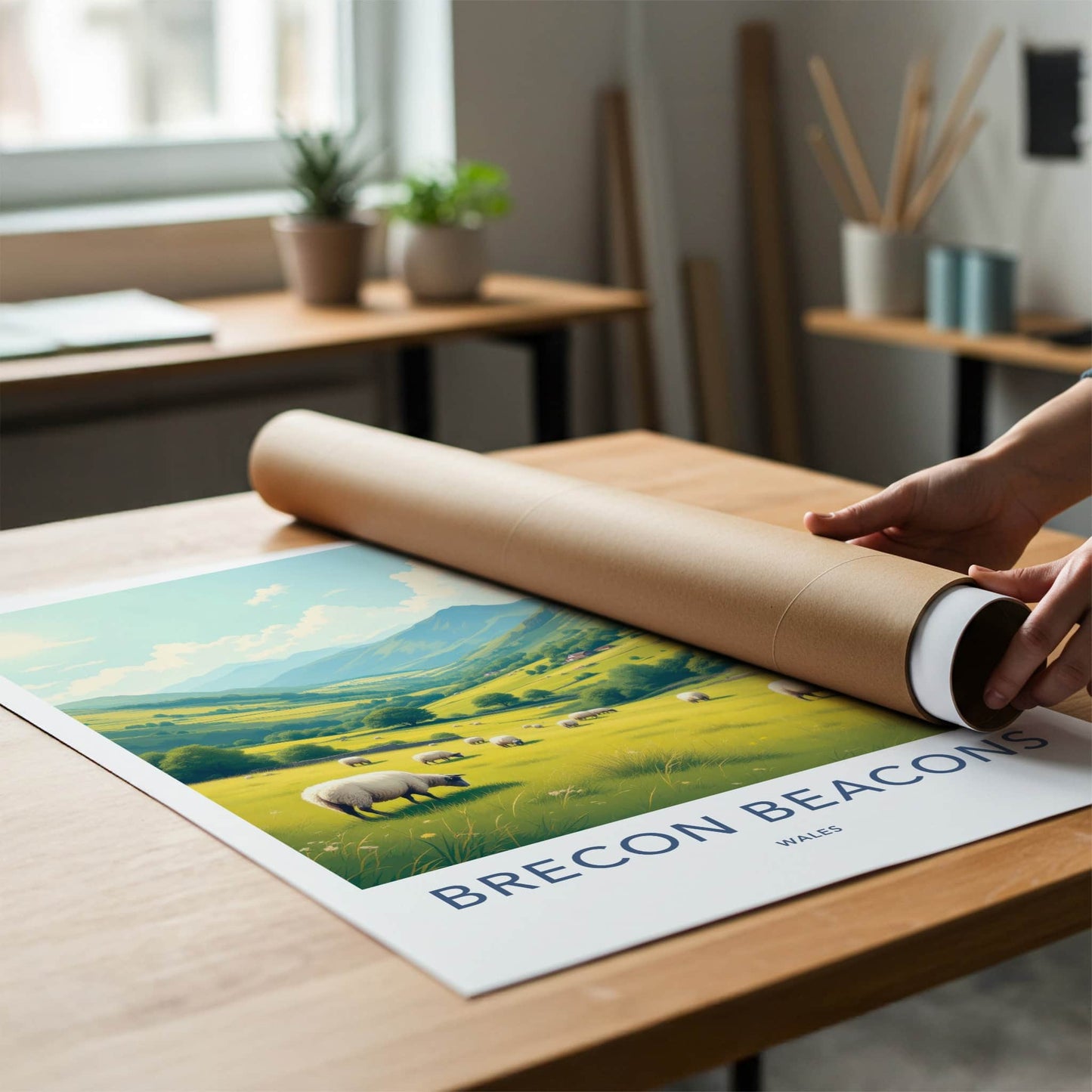 Brecon Beacons Poster - Wales Wall Art - Green Valley Sheep Home Decor
