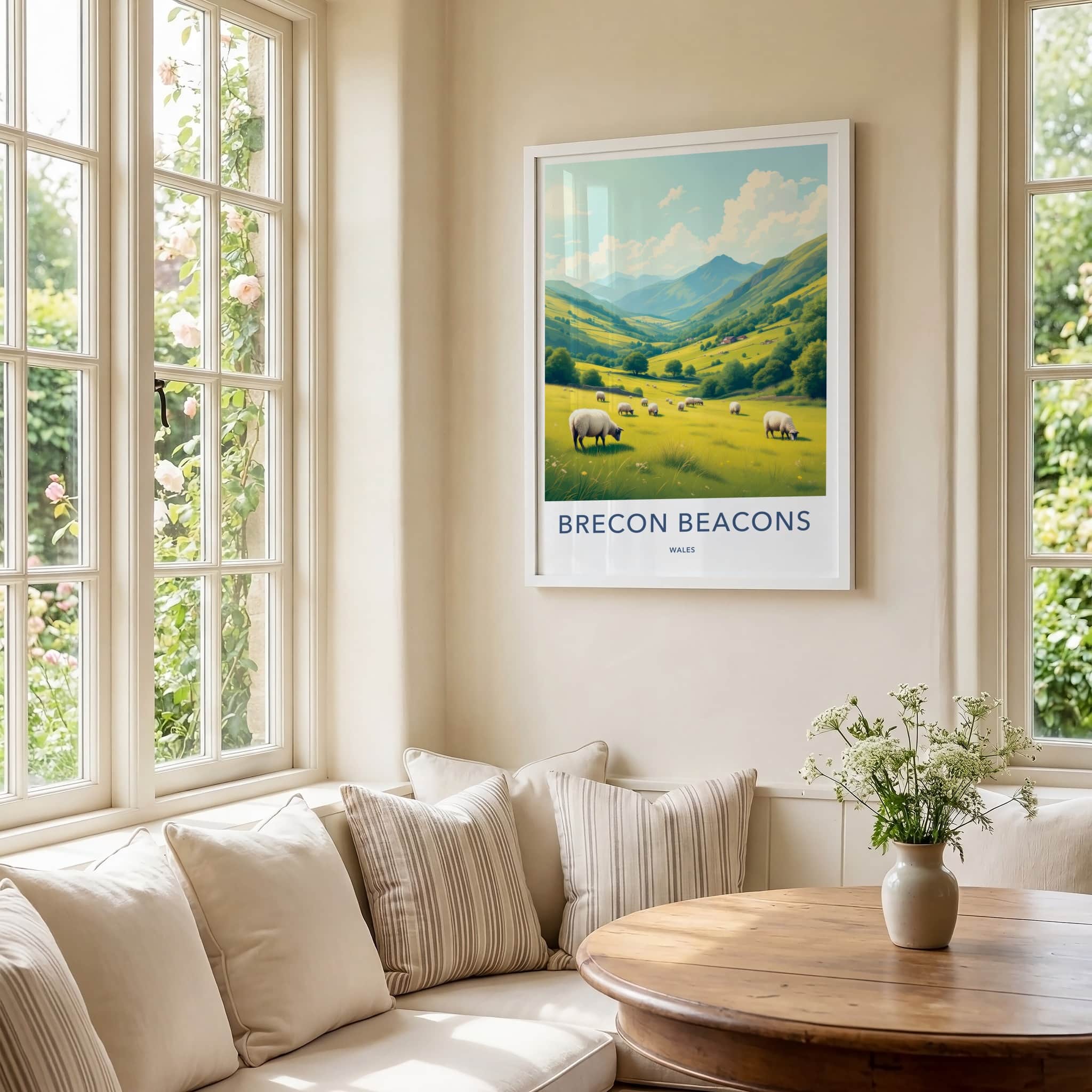 Brecon Beacons Poster - Wales Wall Art - Green Valley Sheep Home Decor