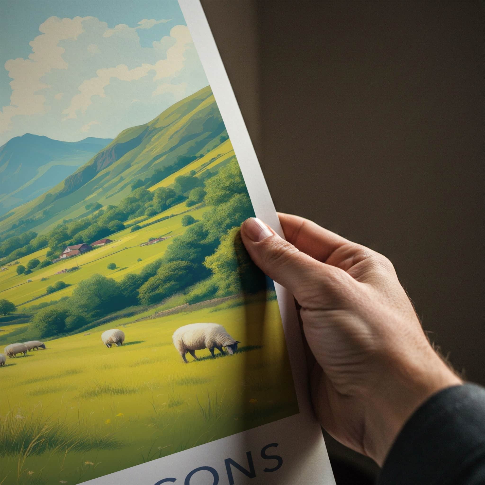 Brecon Beacons Poster - Wales Wall Art - Green Valley Sheep Home Decor