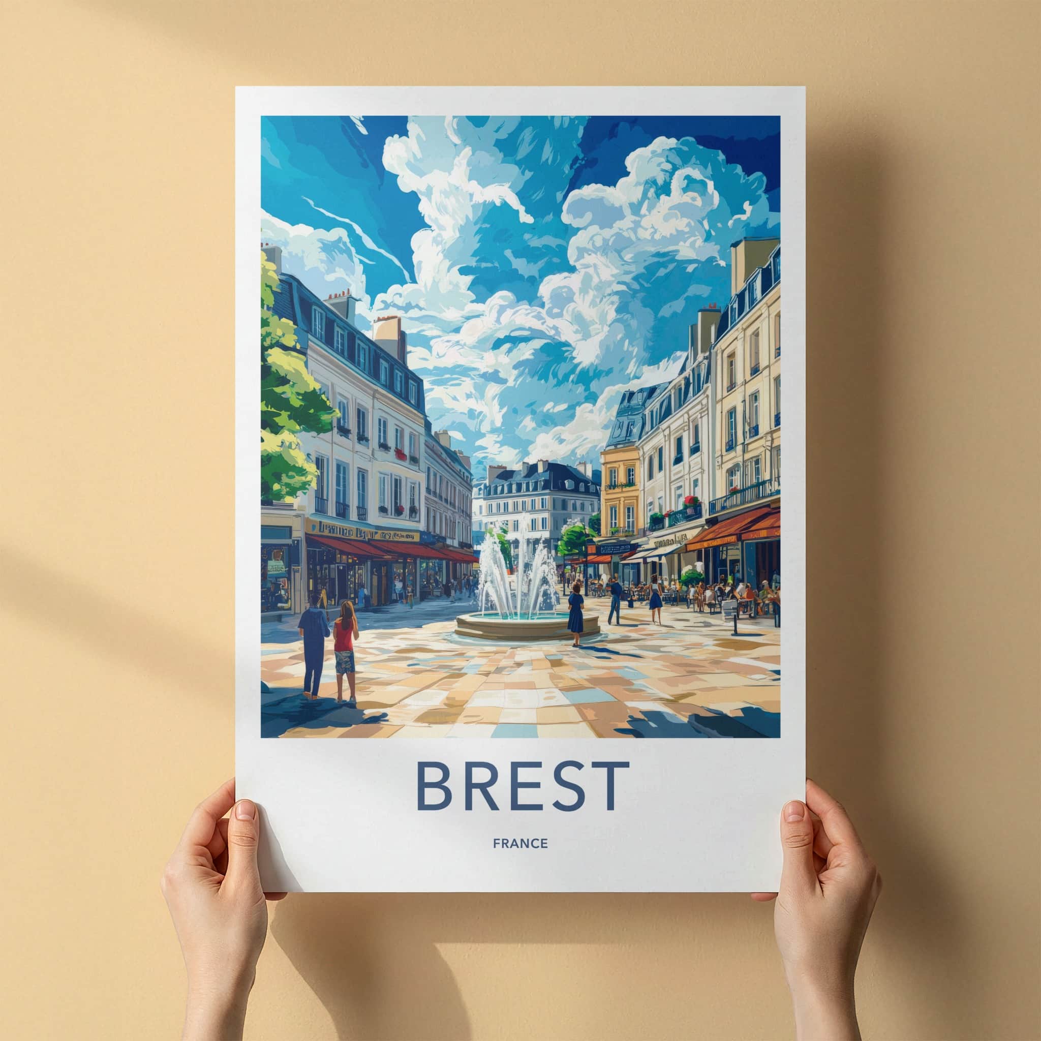 Brest Poster - France Travel Art - City Square Fountain Home Decor