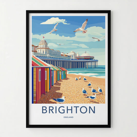 Brighton Poster - England Travel Art - Colorful Beach Huts Home Decor