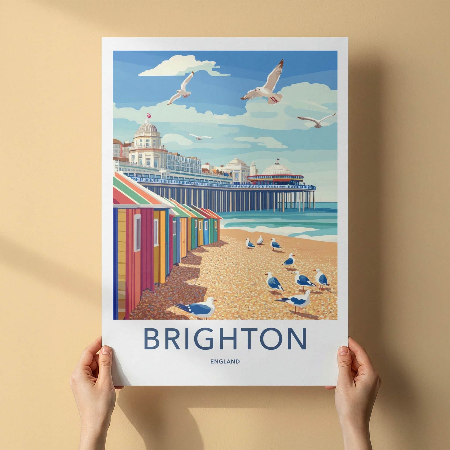 Brighton Poster - England Travel Art - Colorful Beach Huts Home Decor