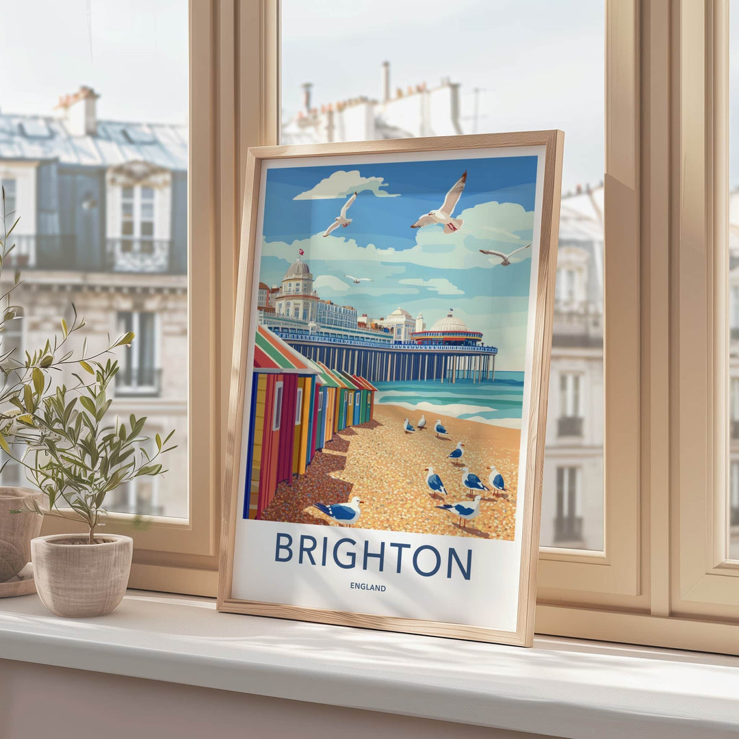 Brighton Poster - England Travel Art - Colorful Beach Huts Home Decor